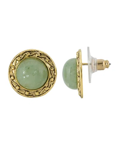 2028 Gold-tone Round Semi Precious Aventurine Button Earrings In Green