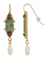 2028 Gold-tone Semi Precious Aventurine Rectangle Imitation Pearl Drop Earrings In Green