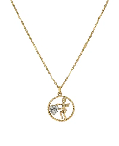 2028 Gold-tone Suspended Cherub Angel And Clear Crystal Heart Necklace In White