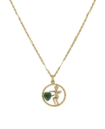 2028 Gold-tone Suspended Cherub Angel And Dark Green Heart Necklace