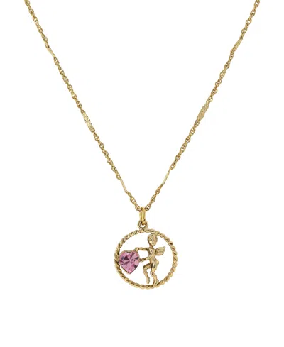 2028 Gold-tone Suspended Cherub Angel And Light Rose Pink Heart Necklace
