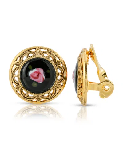 2028 Gold Tone With Flower Decal Stone Clip Earrings In Multi