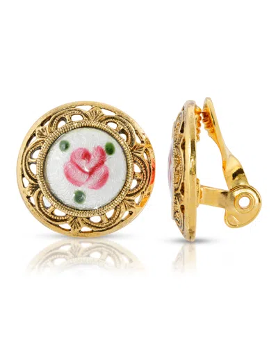 2028 Gold Tone With Flower Decal Stone Clip Earrings In Multi