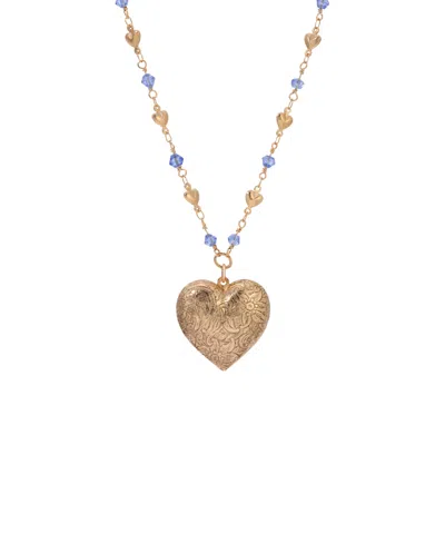 2028 Gold-tone Heart Locket Blue Beaded Chain Necklace