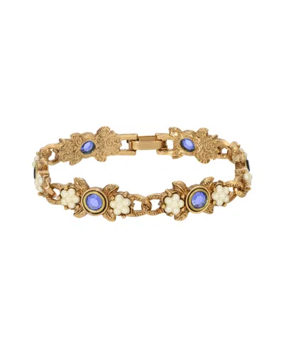 2028 Gold-tone Imitation Pearl Flower Blue Stone Bracelet
