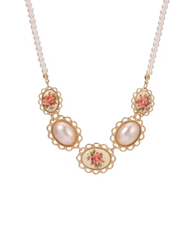 2028 Gold-tone Imitation Pearl Rose Decal Oval Necklace In Multi