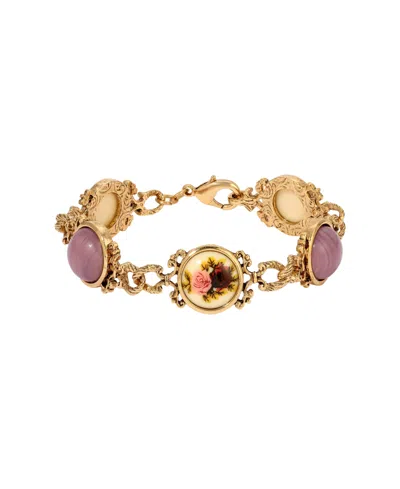 2028 Gold-tone Ivory Decal Flower Purple Cabochon Bracelet