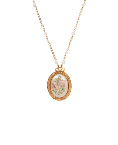 2028 Gold-tone Large Oval Flower Decal Imitation Pearl Chain Necklace In Multi