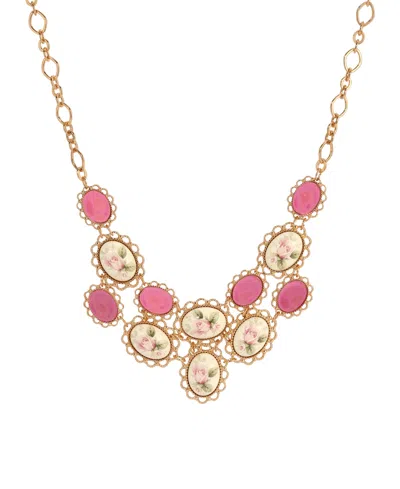 2028 Gold-tone Pink Porcelain Flower Necklace