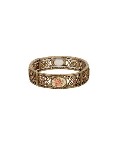 2028 Gold-tone Rose Decal Ivory Stretch Bracelet In Multi