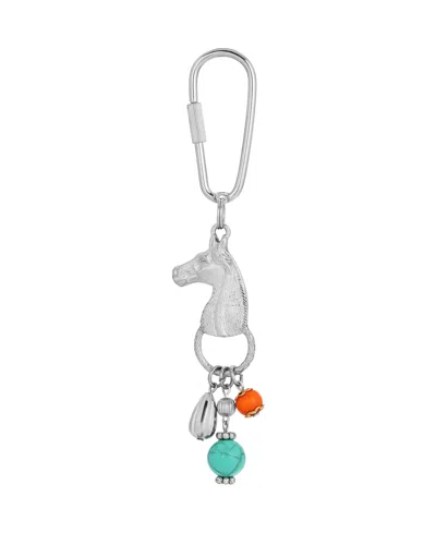 2028 Horse Head With Blue And Orange Beads Key Fob In Turquoise