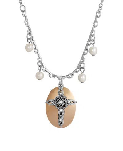 2028 Imitation Pearl Crystal Cross Pendant Necklace In Multi