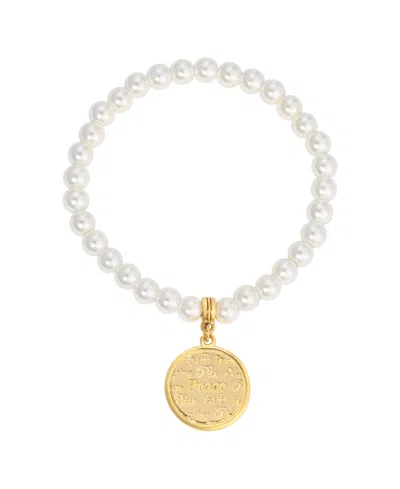 2028 Imitation Pearl Peace Stretch Bracelet In White