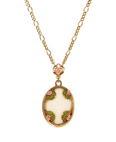 2028 Imitation Pearl Pink Enamel Flower Long Pendant Necklace