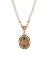 2028 Imitation Pearl Pink Enamel Flower Pendant Necklace In Pink