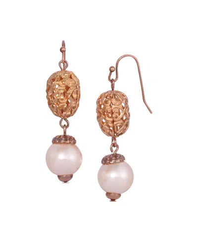 2028 Imitation Pearl Rose Gold-tone Filigree Drop Earrings In White