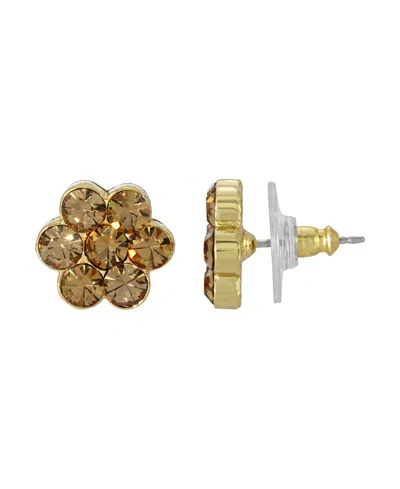 2028 Light Brown Crystal Flower Button Earrings