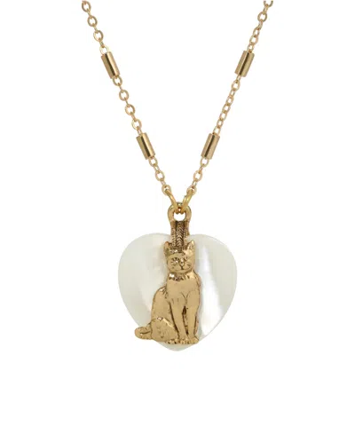 2028 Mop Heart Cat Pendant Necklace In Gold White