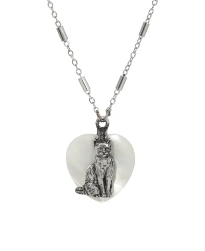 2028 Mop Heart Cat Pendant Necklace In Silver White