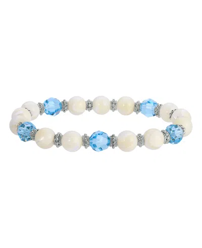 2028 Mother Of Imitation Pearl With Aqua Stone Stretch Bracelet In White