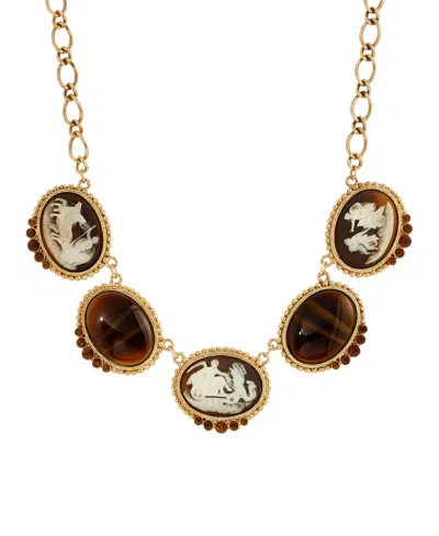 2028 Oval Tiger Eye Cameo Adjustable Necklace, 16" + 3" In Brown
