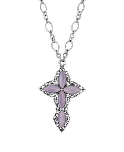2028 Pewter Amethyst Diamond Shaped Stones Cross 24" Necklace In Purple