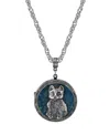 2028 Pewter Cat Locket With Blue Enamel Necklace 30" In Blue