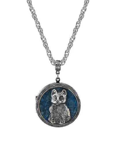 2028 Pewter Cat Locket With Blue Enamel Necklace 30"