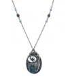 2028 Pewter Cat With Blue Enamel Fishbowl Beaded Necklace 30" In Blue