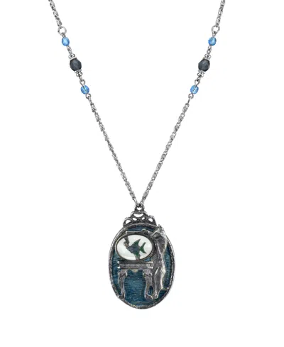 2028 Pewter Cat With Blue Enamel Fishbowl Beaded Necklace 30"
