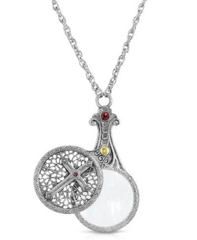 2028 Pewter Crystal Cross Sliding Magnifier 30" Pendant In Red