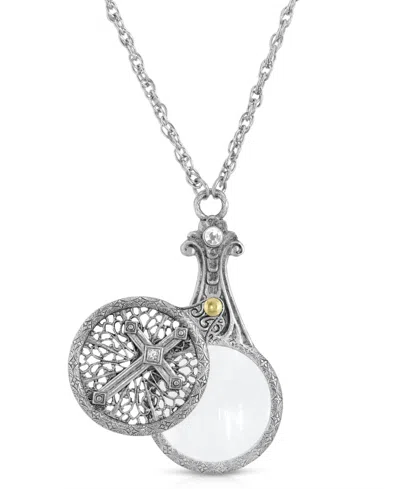 2028 Pewter Crystal Cross Sliding Magnifier 30" Pendant In Silver