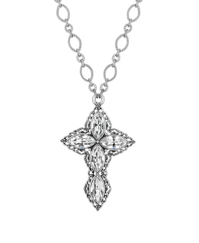 2028 Pewter Crystal Diamond Shaped Stones Cross 24" Necklace In White