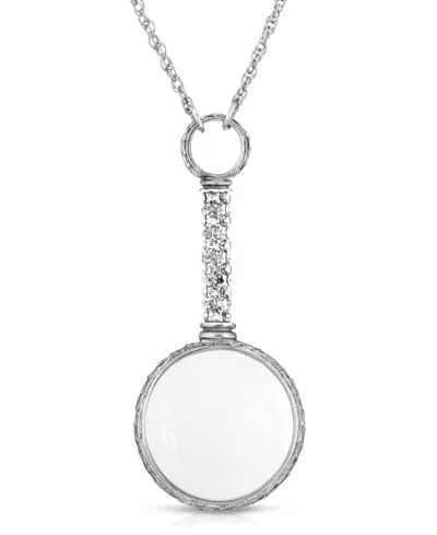 2028 Pewter Crystal Magnifying Glass 30" Necklace In White
