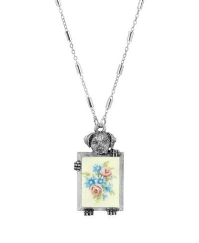 2028 Pewter Dog Frame With Floral Decal Necklace, 28" In Multi