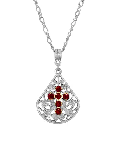 2028 Pewter Fan Light Green Crystal Cross 16" Adjustable Necklace In Red