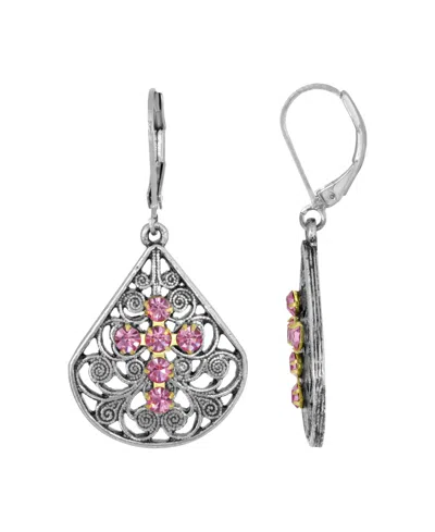 2028 Pewter Fan Red Crystal Cross Earrings In Pink