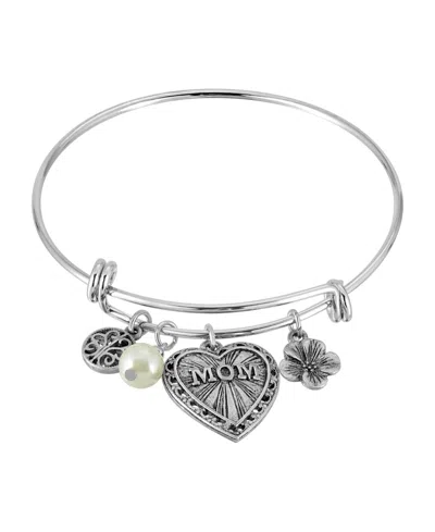 2028 Pewter Mom Heart Flower Imitation Pearl Charm Bracelet In White