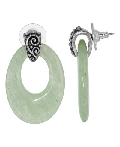 2028 Pewter Semi Precious Oval Aventurine Hoop Earrings In Green
