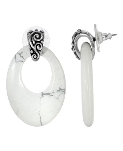 2028 Pewter Semi Precious Oval Howlite Hoop Earrings In White