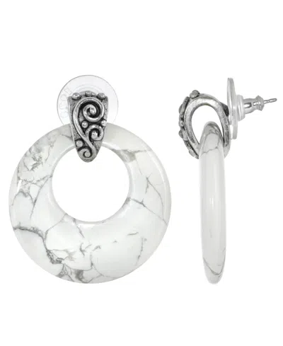 2028 Pewter Semi Precious Round Howlite Hoop Earrings In White