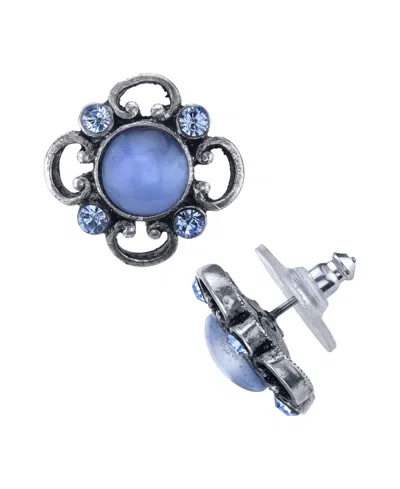 2028 Pewter Tone Lt. Blue Moonstone And Crystal Accent Post Button Earrings
