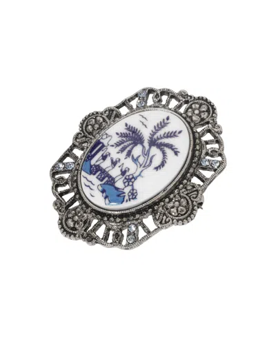 2028 Porcelain Oval Blue Willow Pin In White