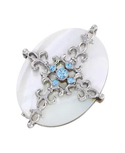2028 Silver-tone Aqua And Imitation Pearl Cross Brooch In White
