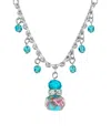 2028 Silver Tone Aqua Pink Flower Beaded Drop Necklace 16" Adjustable In Blue