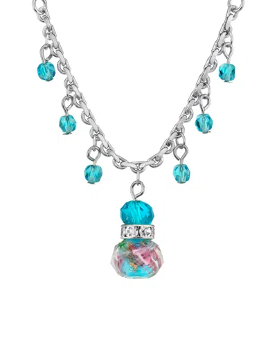 2028 Silver Tone Aqua Pink Flower Beaded Drop Necklace 16" Adjustable In Blue