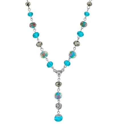 2028 Silver Tone Aqua Pink Flower Beaded Drop Y Necklace 16" Adjustable In Blue