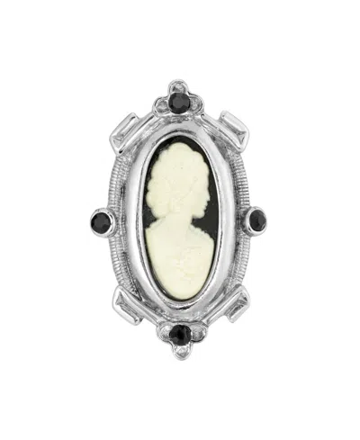 2028 Silver-tone Black And White Oval Cameo Pin