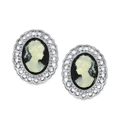 2028 Silver-tone Black Cameo Oval Filigree Clip Button Earrings In Jet