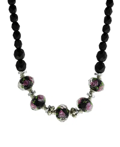 2028 Silver-tone Black Floral Beaded 15" Adjustable Necklace